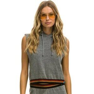 AVIATOR NATION Logo Stripe Sleeveless Cropped Hoodie Sweatshirt, Size L Large